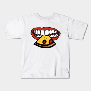 Mouth With Red Lips and White Teeth Eating Pizza Slice Kids T-Shirt